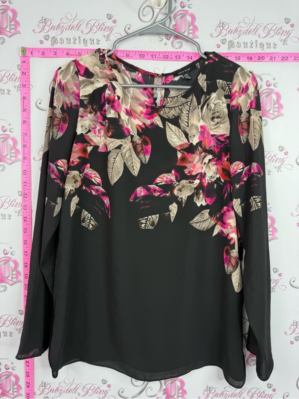 Alice hope shirt Black Floral Long-Sleeve Blouse with Pink & Beige Accents